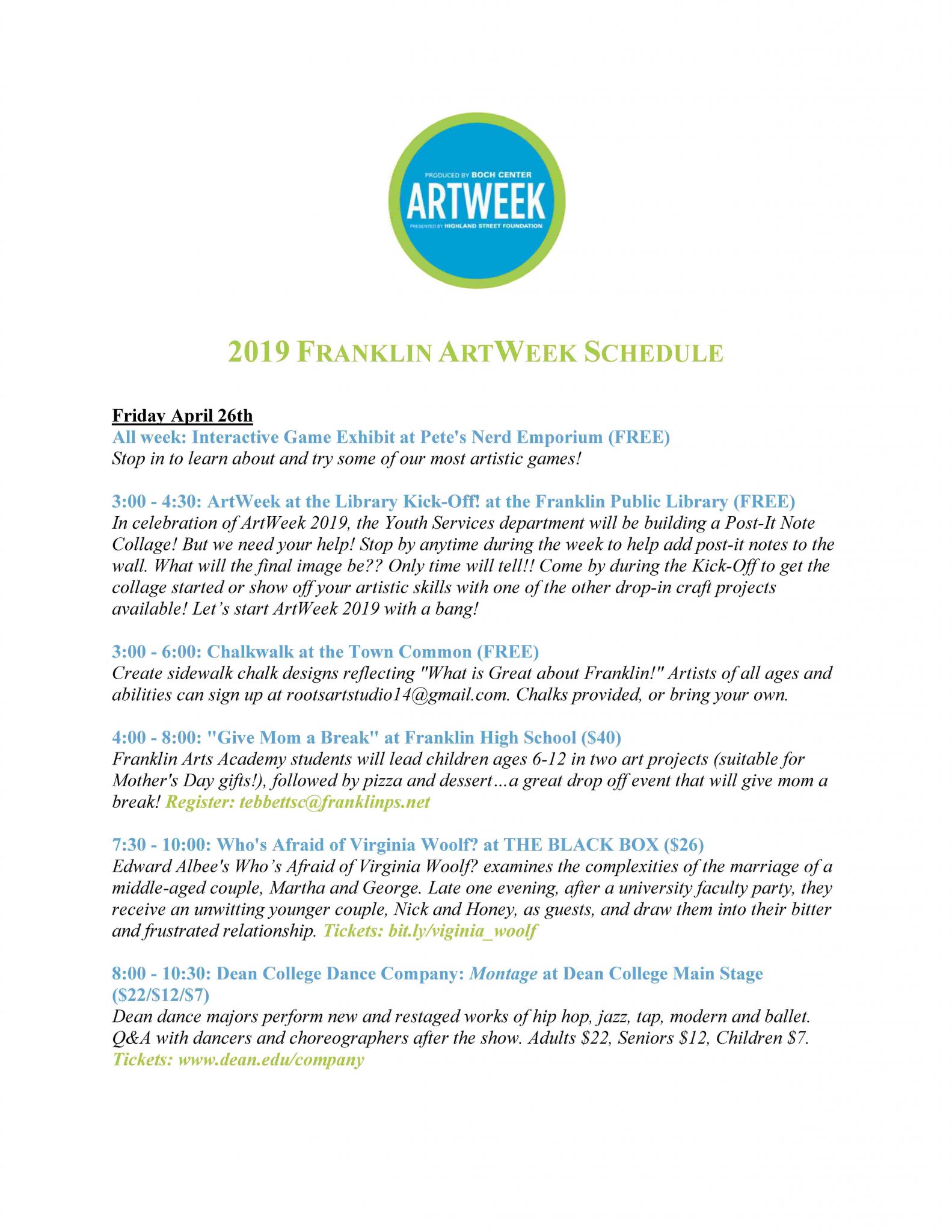 ArtWeekFranlin MA schedule